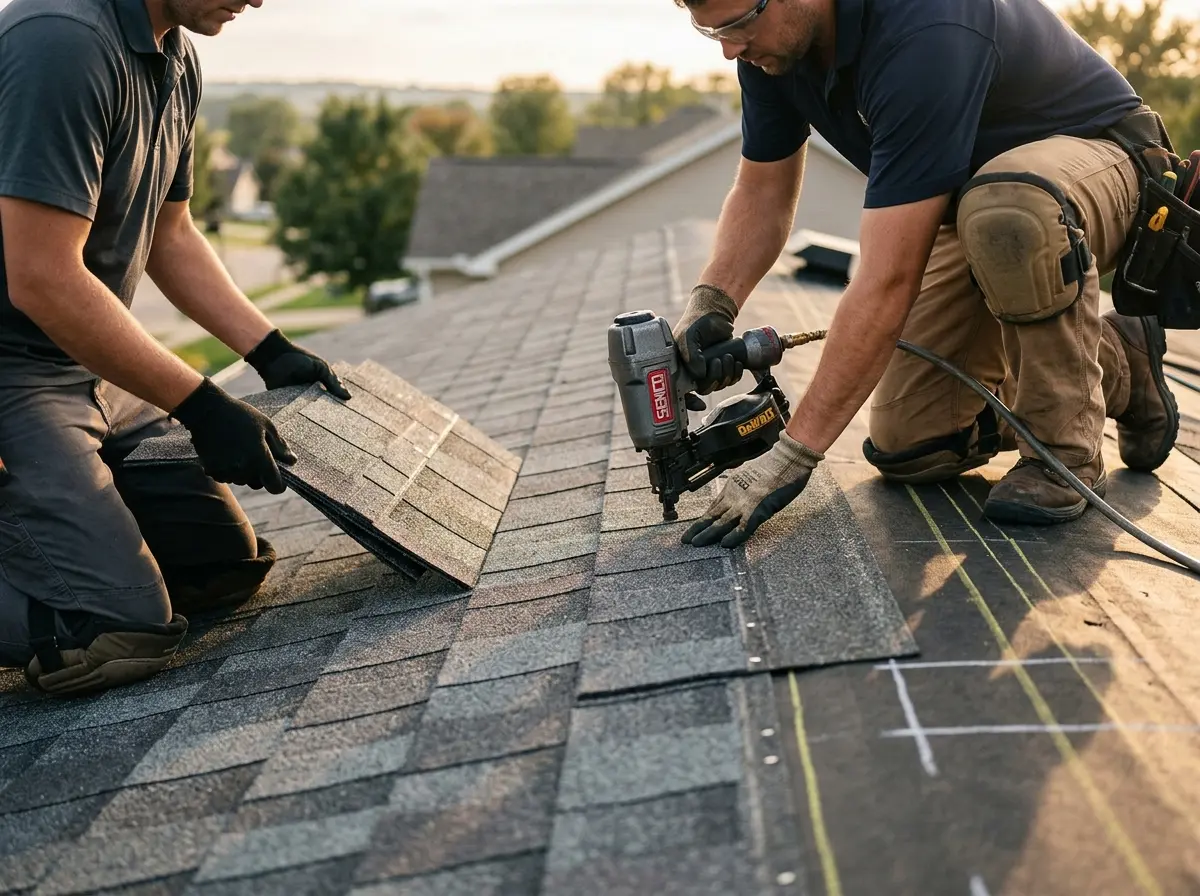 Professional roofer working on a residential roof in Dove Valley